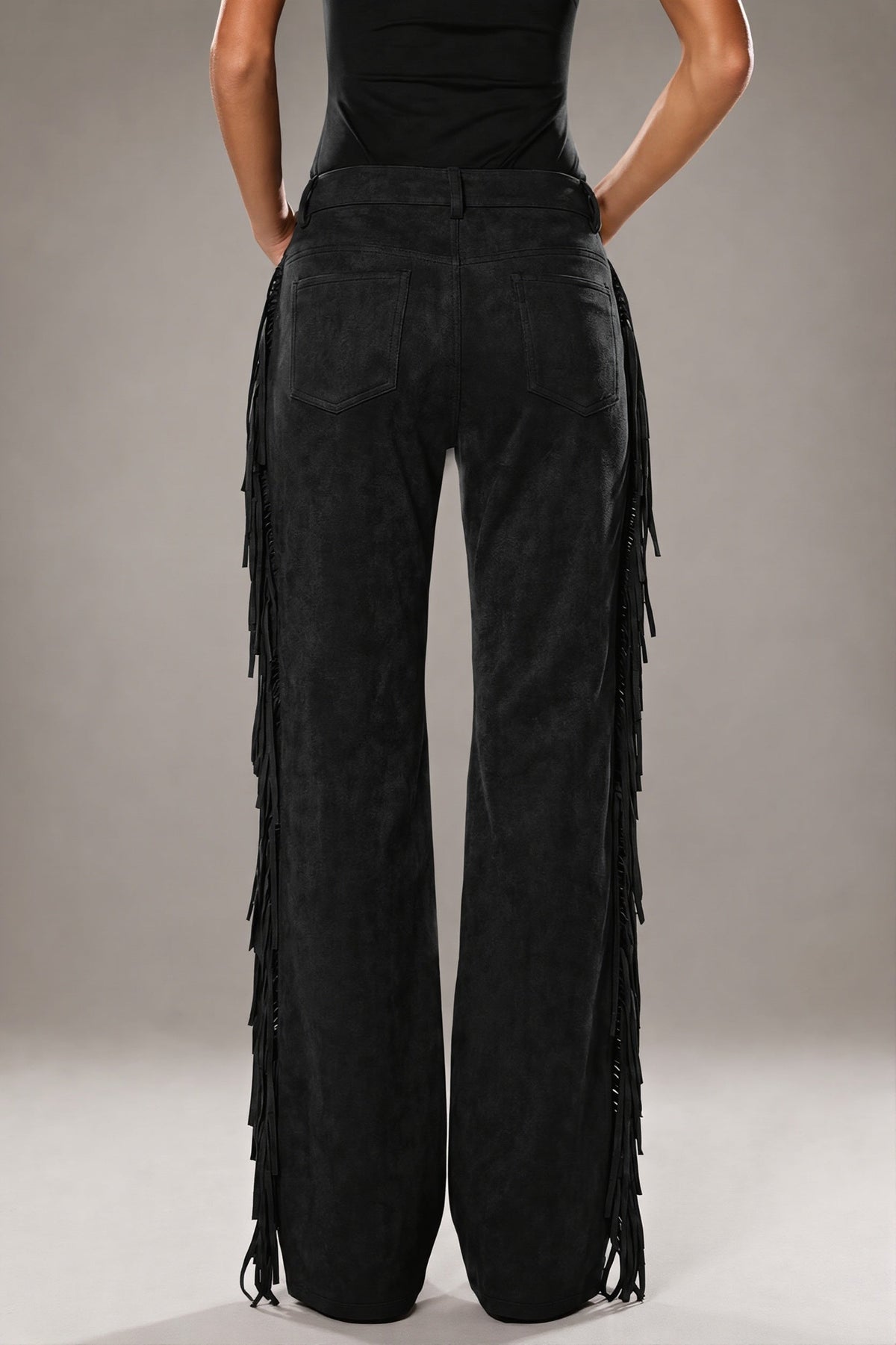 Side Fringe Suede Look Wide Leg Pants
