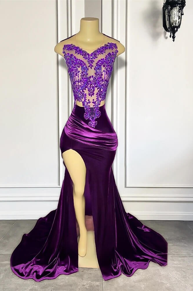 Designer Purple Sleeveless Long Mermaid Prom Dresses with Split Appliques - Fashionpara