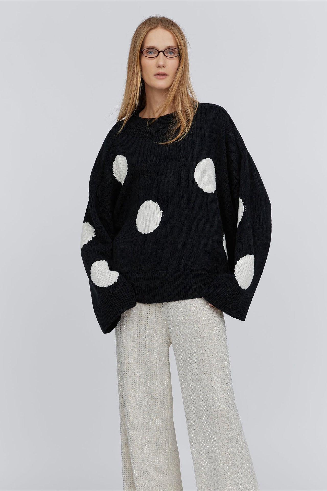 PrincessAce Polka Dot Crew Neck Knit Sweater for Elegance