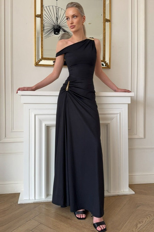 One-Shoulder Draped Ruched Column Maxi Gown