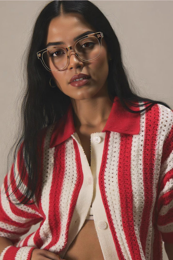 Colorblock Striped Knit Cardigan with Folded Collar Design