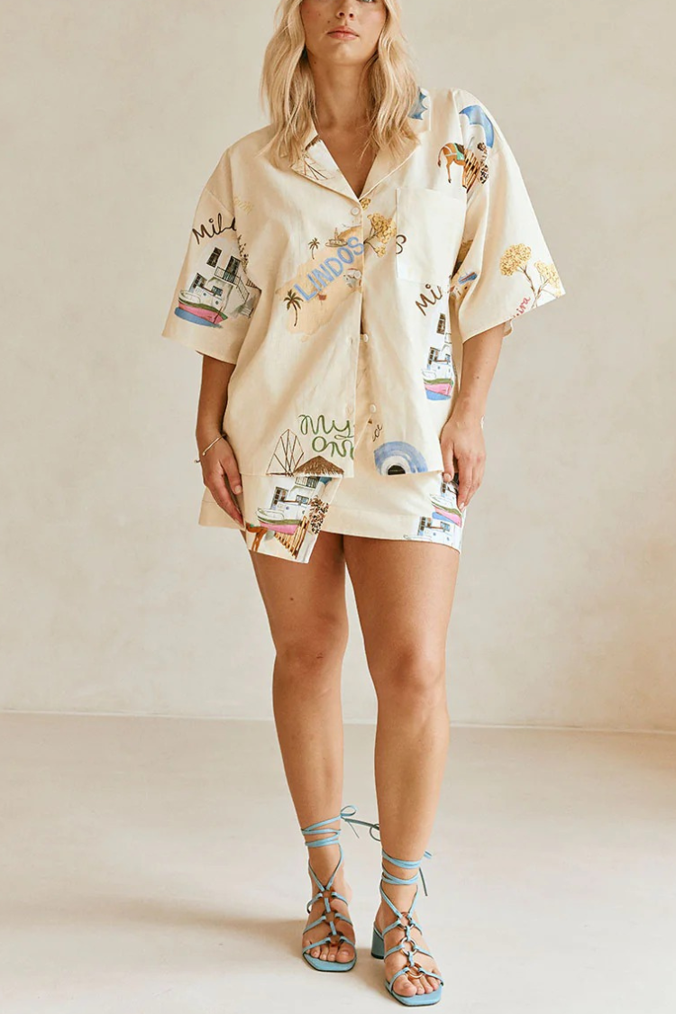 Kea Linen Blend Unique Print Short Sleeve Shirt and High Rise Wrap Panel Miniskirt Set - Fashionpara