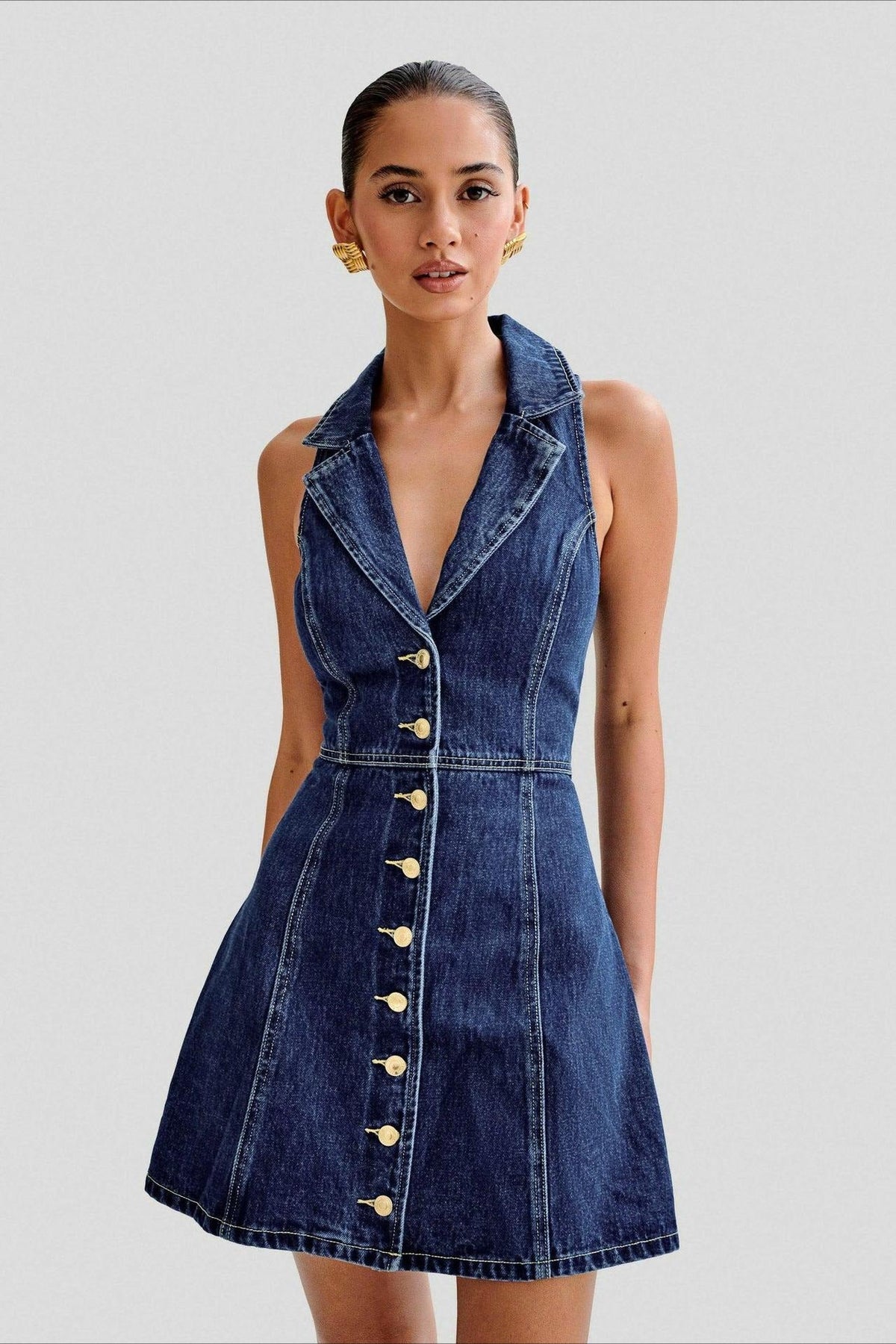 Denim Collared Sleeveless Button-Front A-Line Mini Dress 3