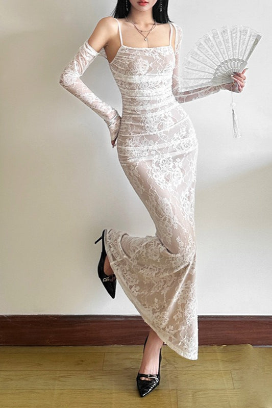 Fish Tail Square Neck Lace Dress - View 2