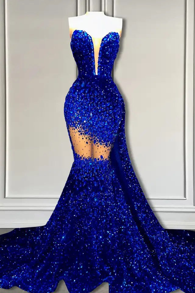 Glamorous V-Neck Sequins Prom Dresses Mermaid Sleeveless Crystal - Fashionpara