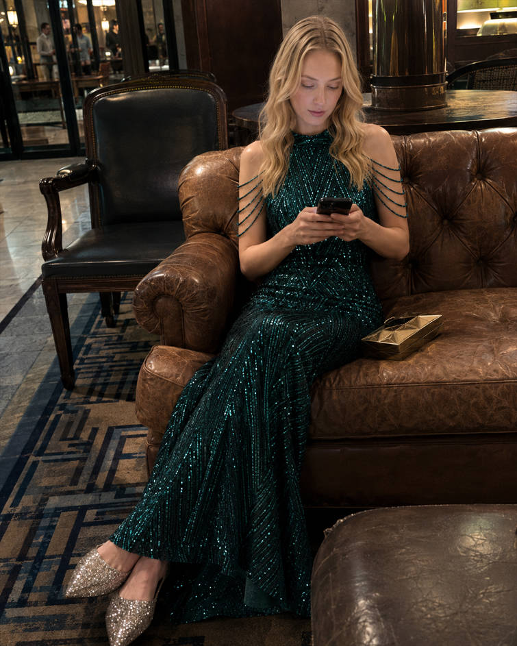 Sequin Halter Beaded Shoulder Fringe Mermaid Gown
