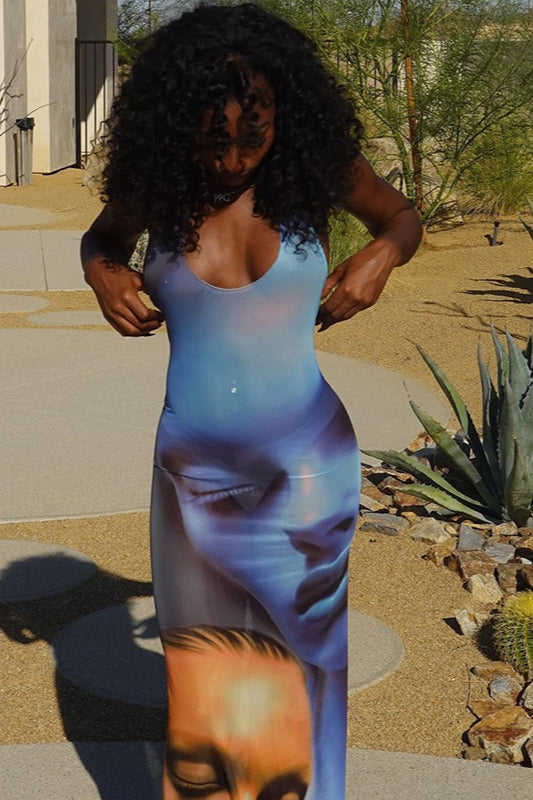 Sexy Halter Floral Mesh Backless Bodycon Maxi Dress