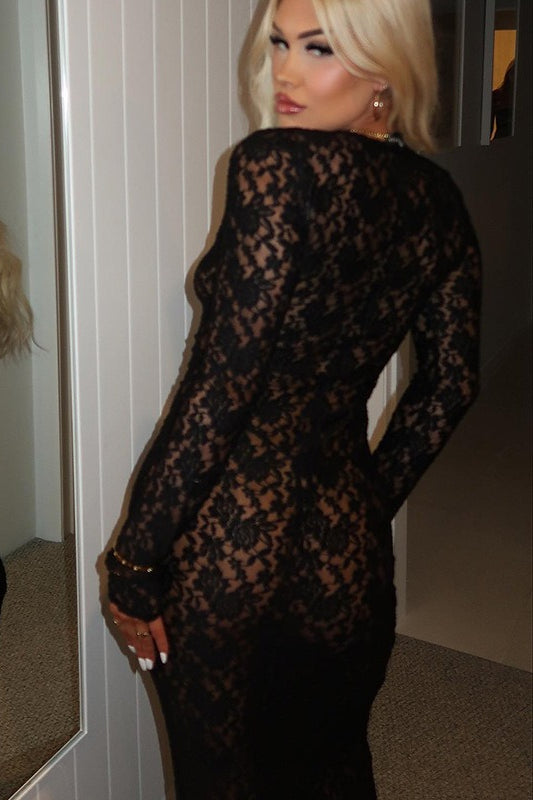 Sheer Floral Lace Round Neck Long Sleeve Maxi Dress