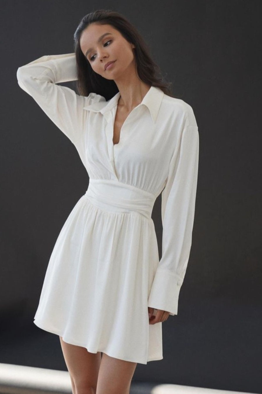 Collared Long Sleeve Wrap Waist Fit & Flare Mini Dress