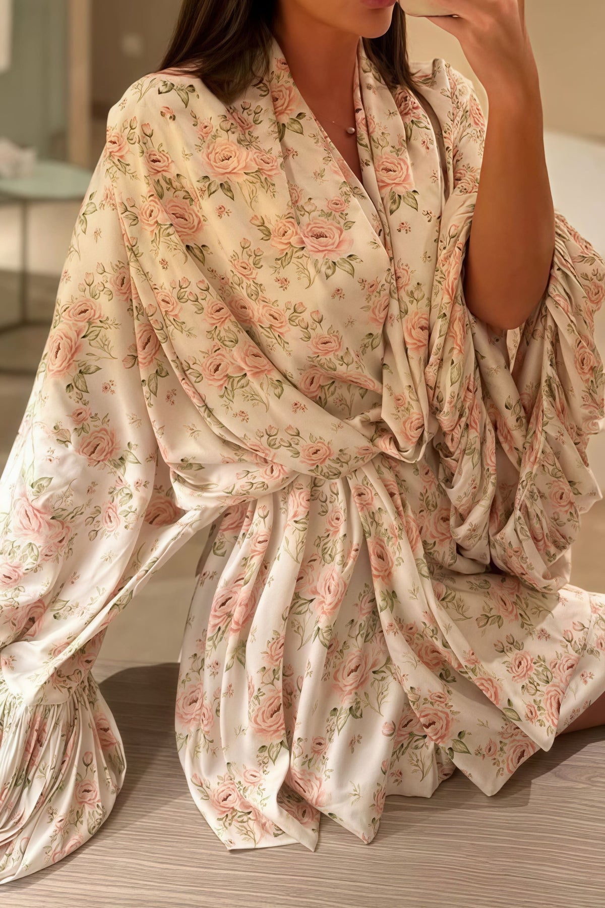 Rose Floral Satin Wide Sleeve Wrap Dress