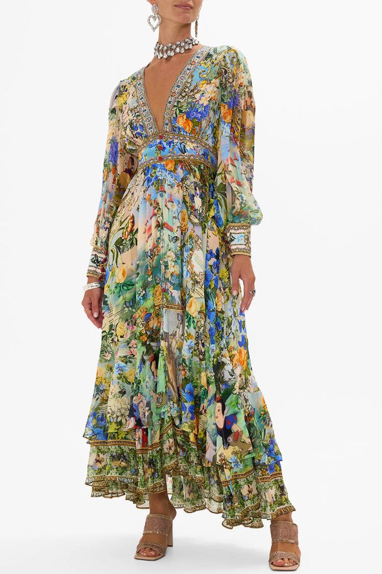 Printed V-neck Long-sleeved Puff Sleeve Waist Maxi Dress - Fashionpara