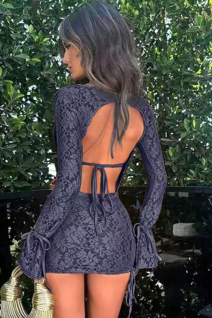 Solid Tie Lace Long Sleeve Skirt Two Piece Set