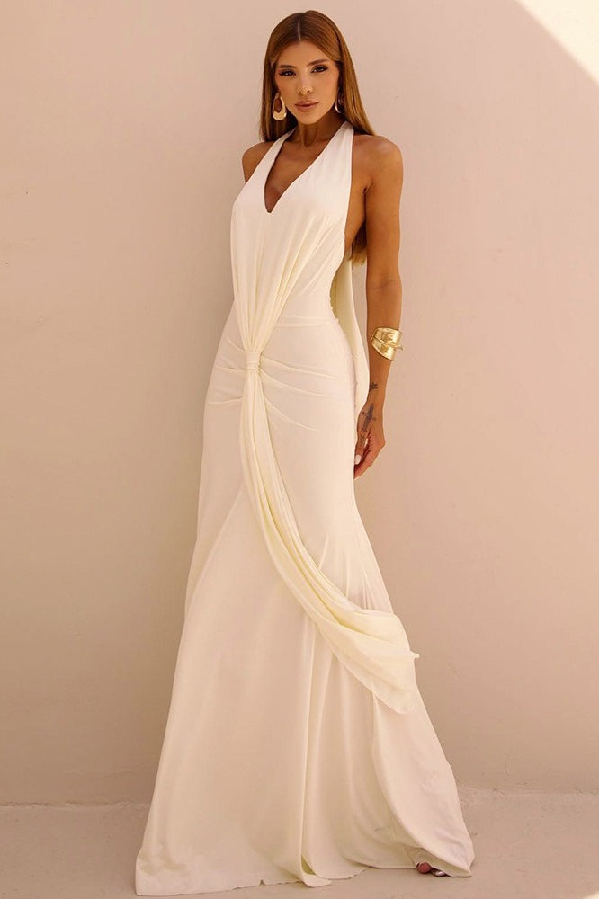 Deep V-Neck Halter Draped Knot Mermaid Maxi Gown