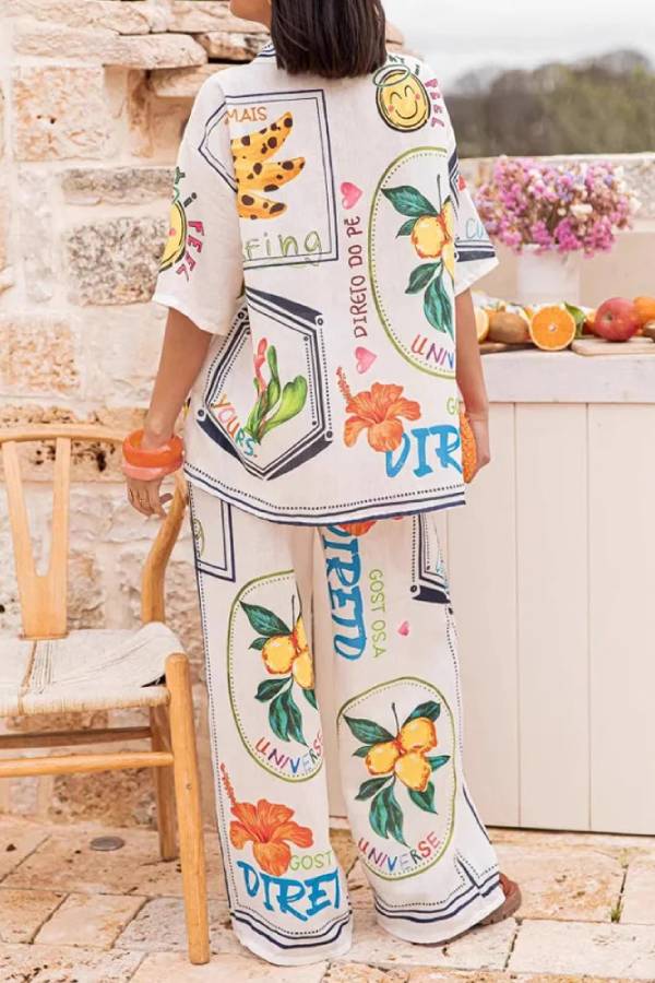 Summer Plant Fruit Print Casual Short Sleeve Shirt and Elastic Waist Loose Wide Leg Pants Set - Fashionpara