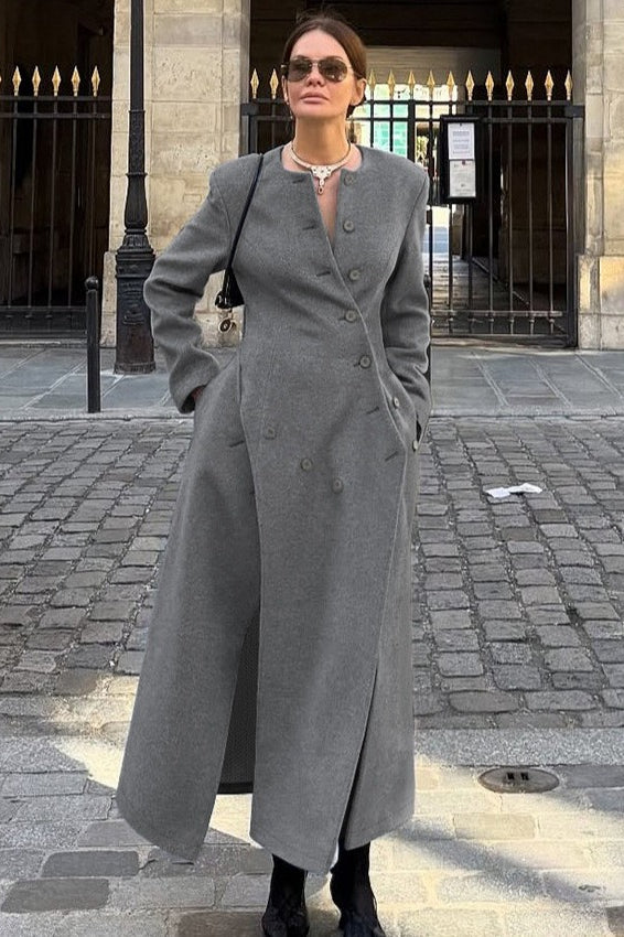 Gray Round Neck Wool Coat - Fashionpara