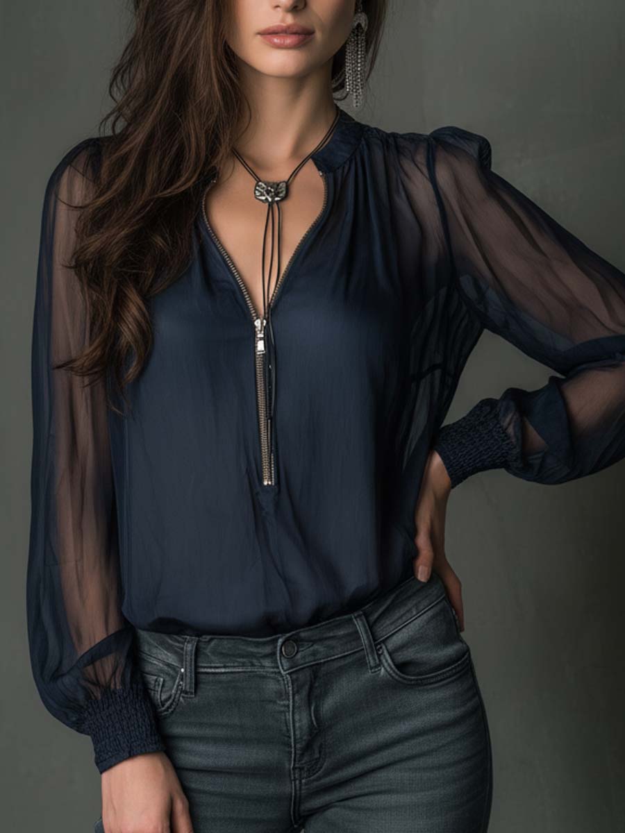 Sheer Chiffon Zip-Front Blouse - Fashionpara
