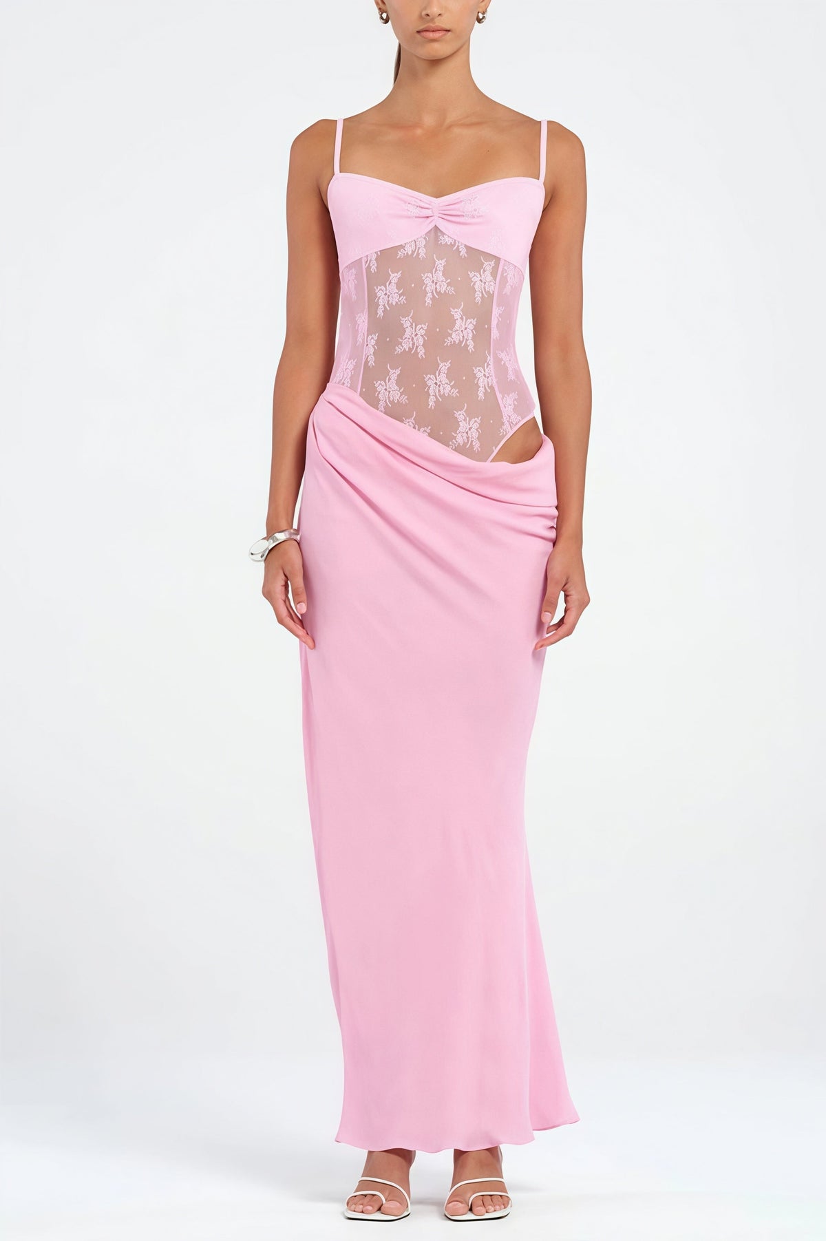 Lace Corset Sheer Bodice Draped Satin Maxi Dress