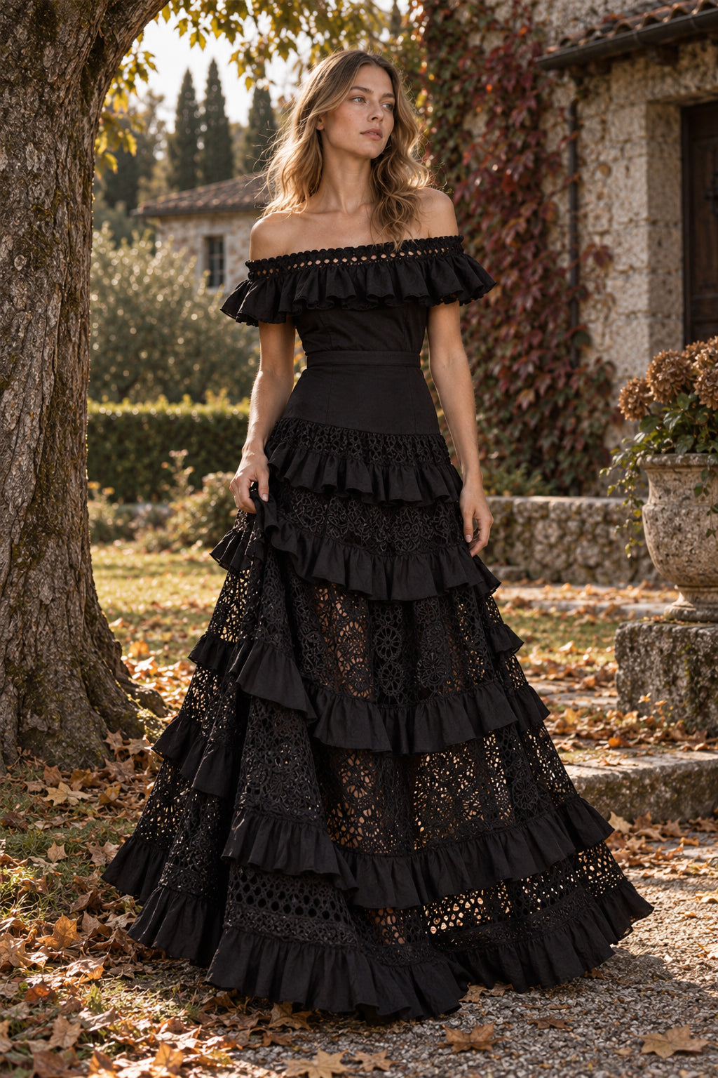Crochet Lace Off Shoulder Tiered Maxi Gown