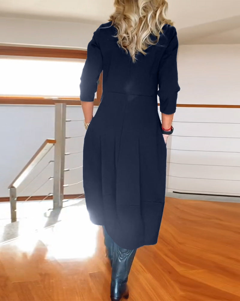 Round Neck Quarter Sleeve Zip Front Sheer Hem Midi Dress 12