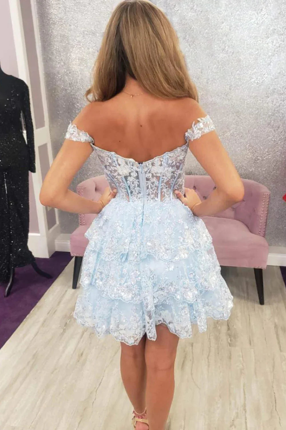 A Line Fchsia Homecoming Dress Seeing Sparkles Off the Shoulder Graduation Dress with Ruffles - Fashionpara