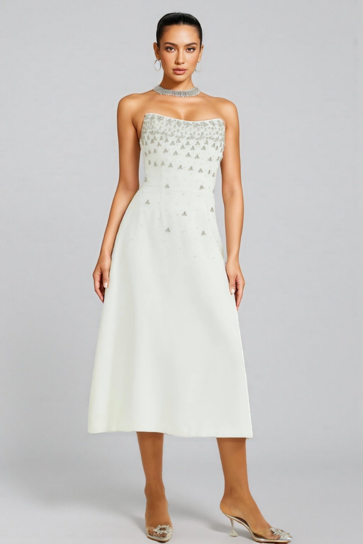 Strapless Beaded Fan Bodice A-Line Midi Dress - View 5