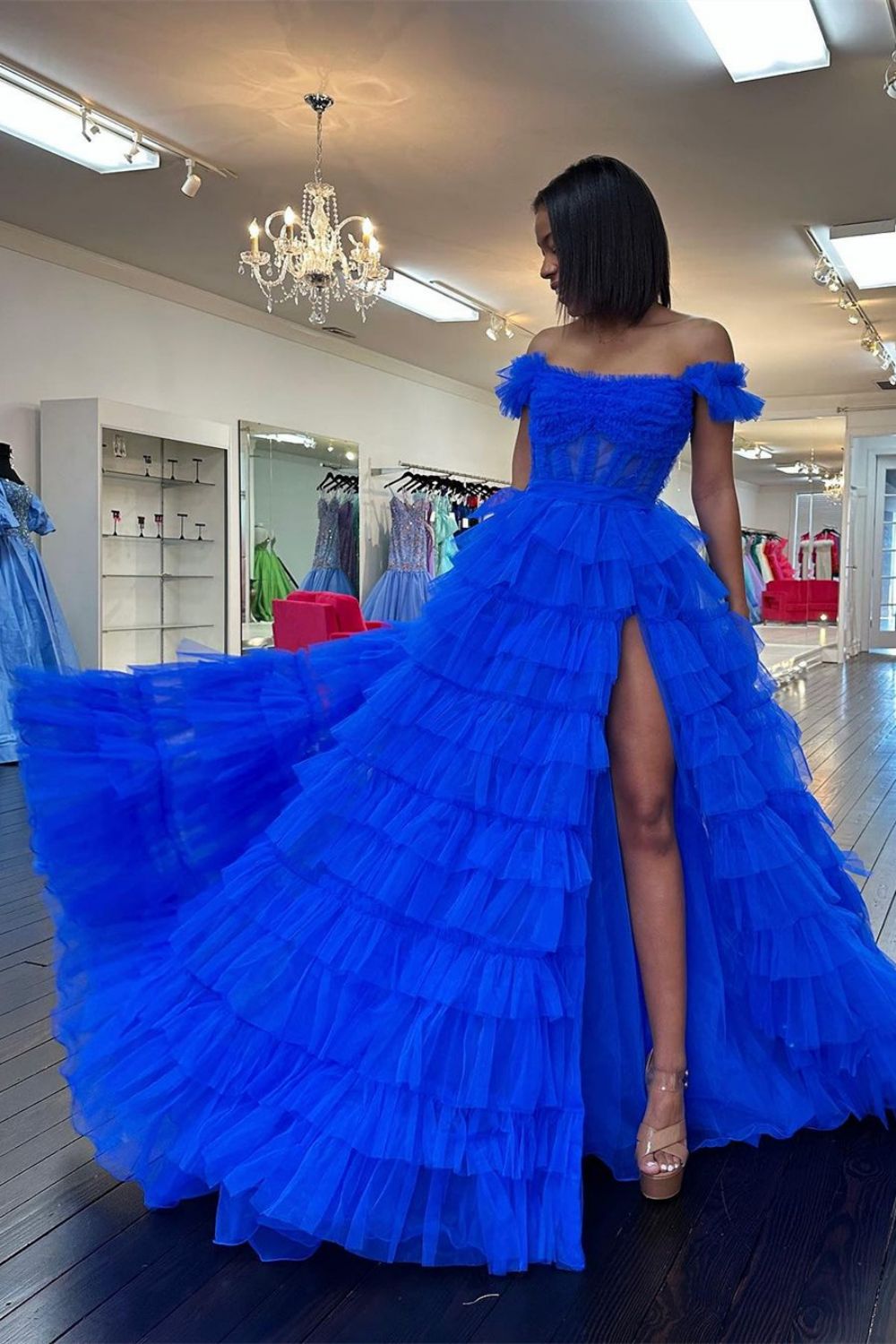 Charming A Line Off the Shoulder Red Corset Prom Dress with Ruffles