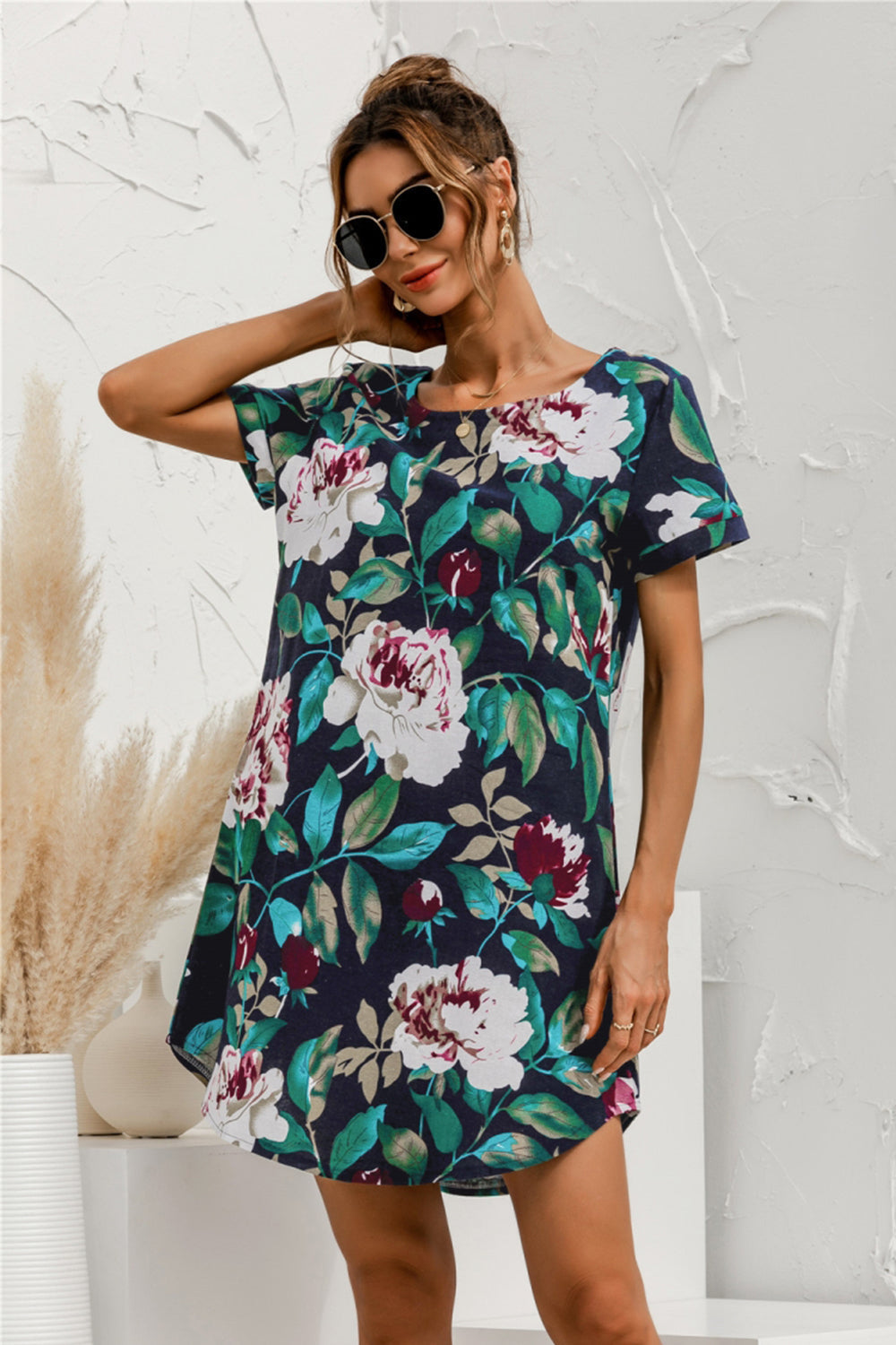 Round Neck Flower Print Dress - Fashionpara