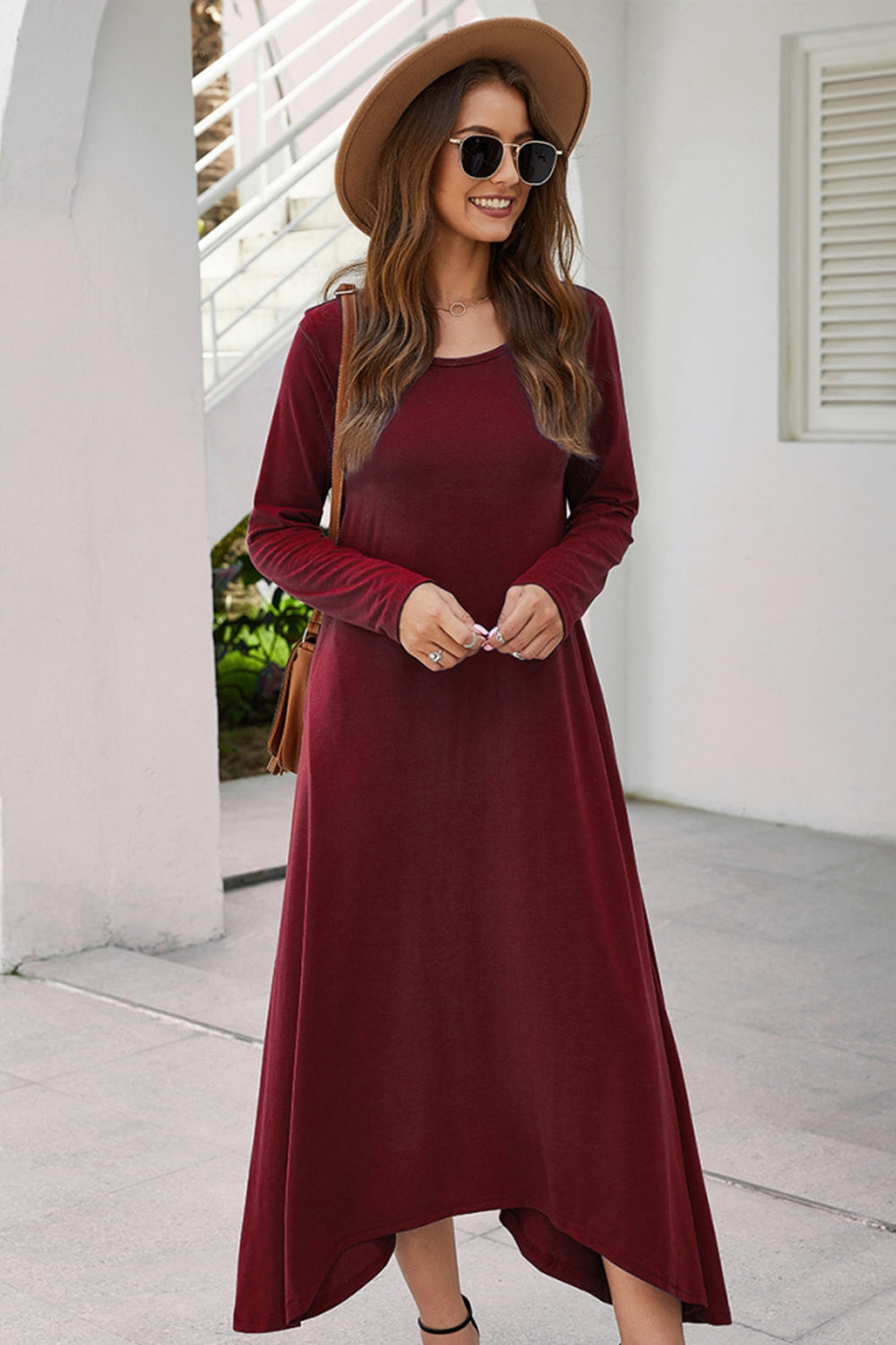 Solid Color Big Swing Skirt Long Sleeve Dress - Fashionpara