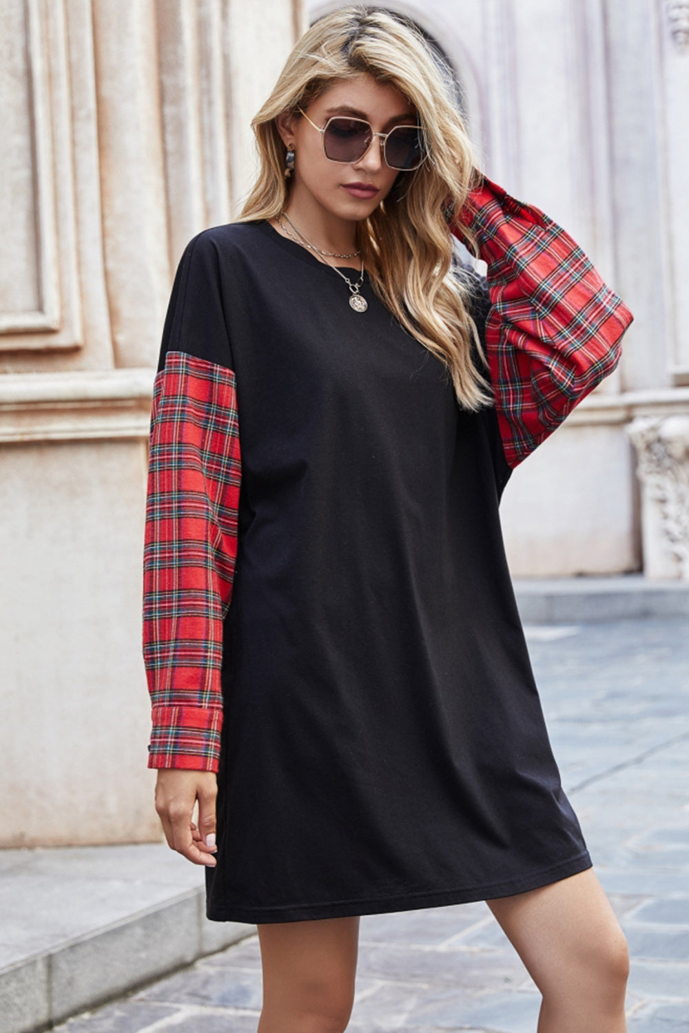 Round Neck Stitching Plaid Sweater Dress - Fashionpara
