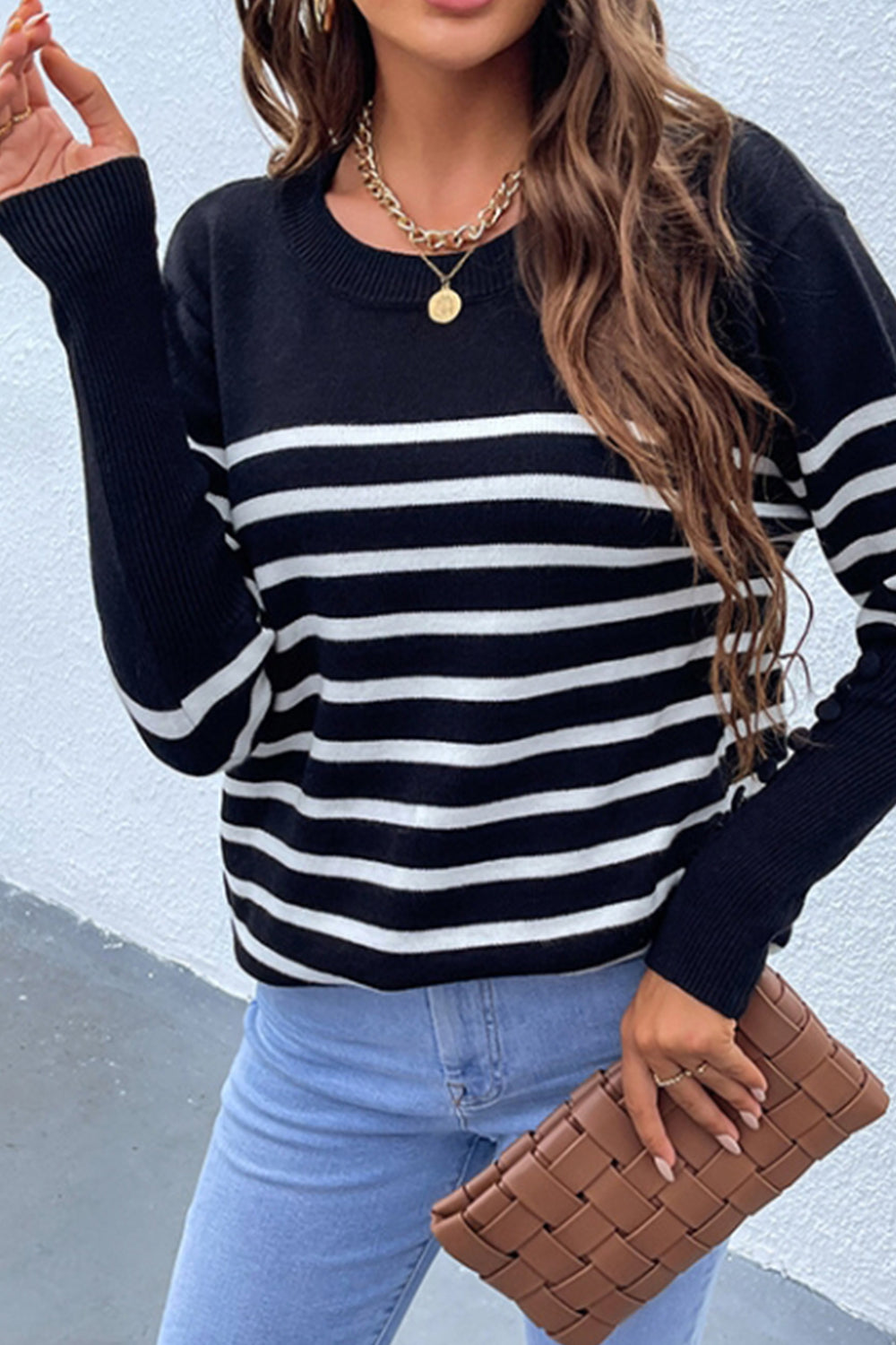 RadyRin Button Contrast Striped Sweater for Stylish Comfort