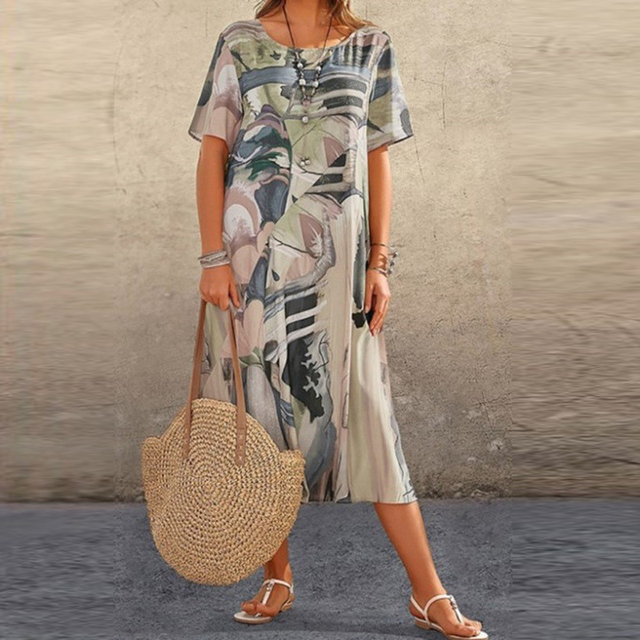Abstract Art Print Short Sleeve Crew Neck Relaxed Fit Midi Dress