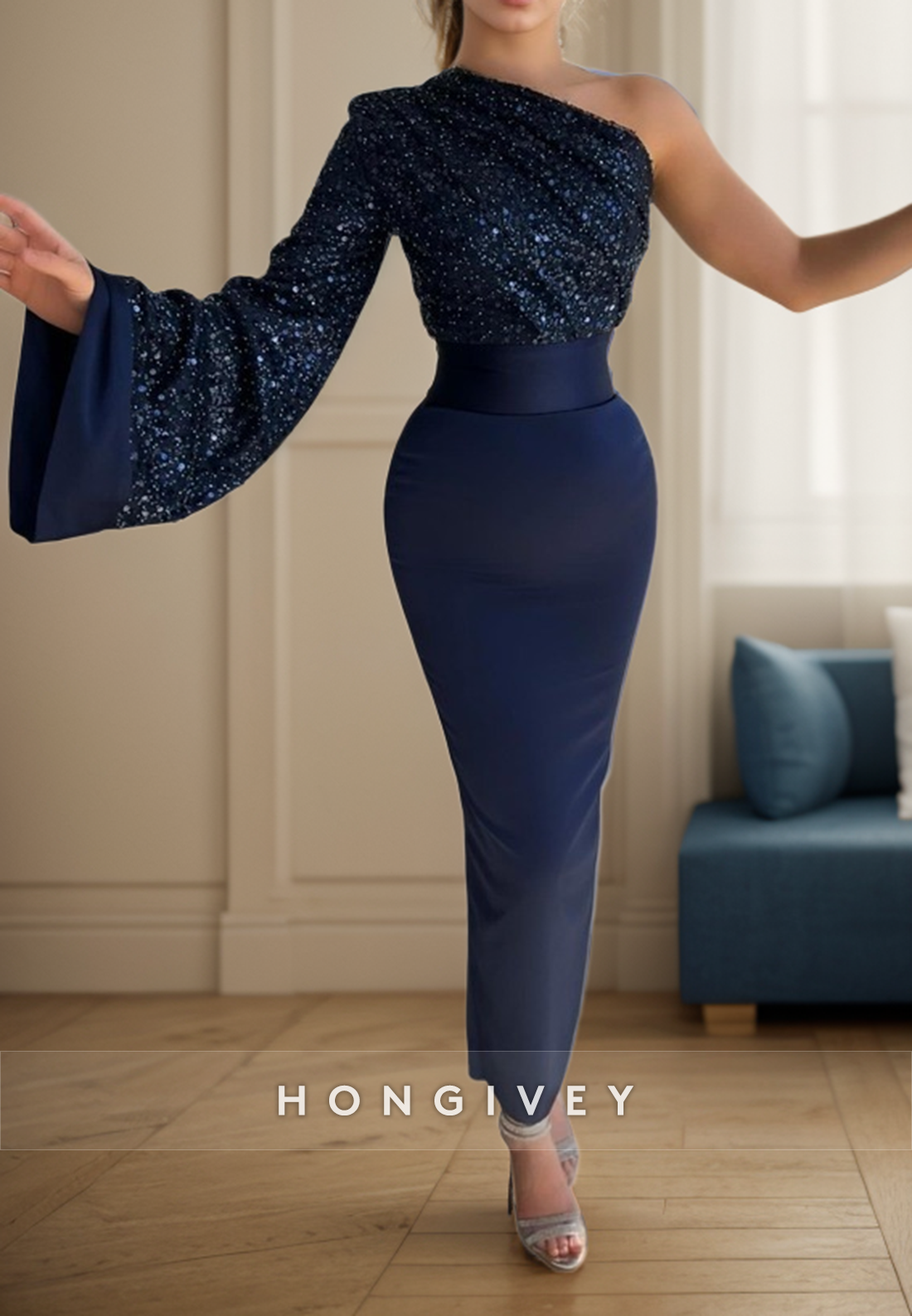 L2974 - One Shoulder Sequined Long Sleeve Fitted Party Prom Evening Dress - Fashionpara