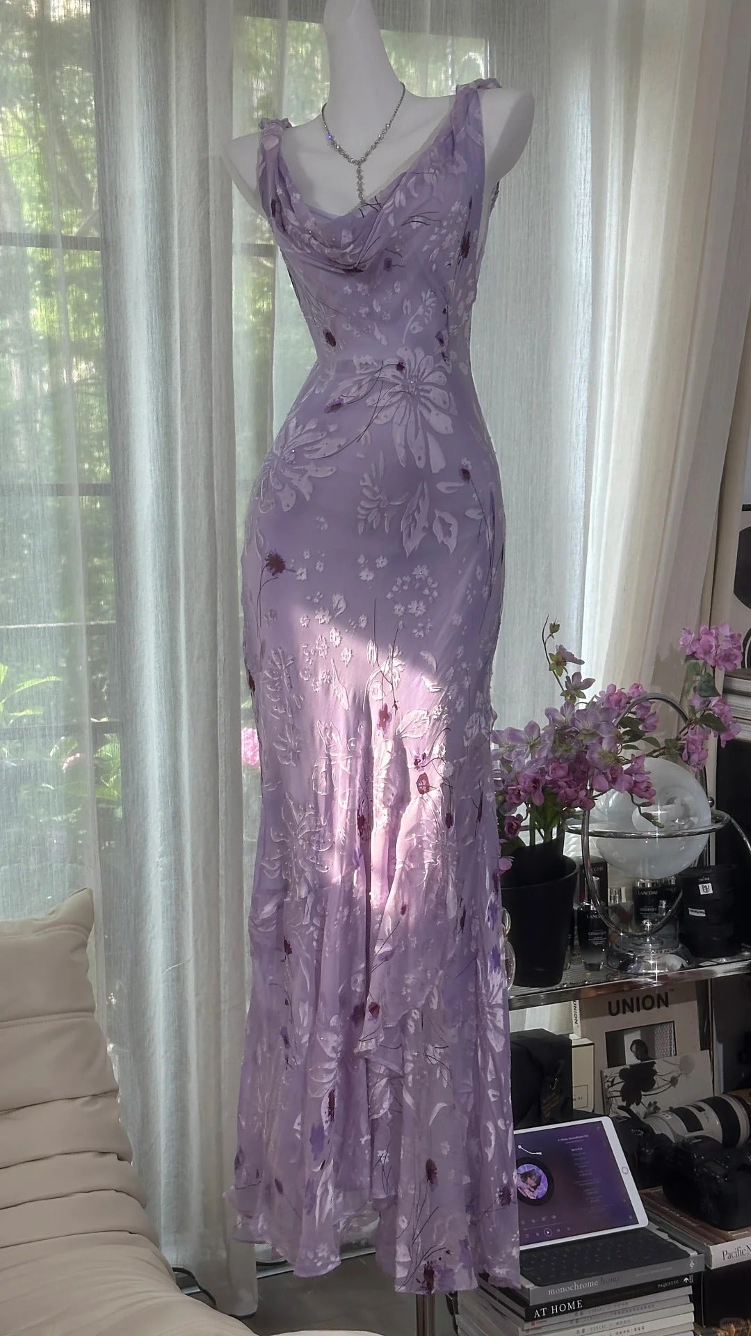 Elegant Purple Mermaid Printed Boat Neck Chiffon Long Prom Dress Evening Dress P4040
