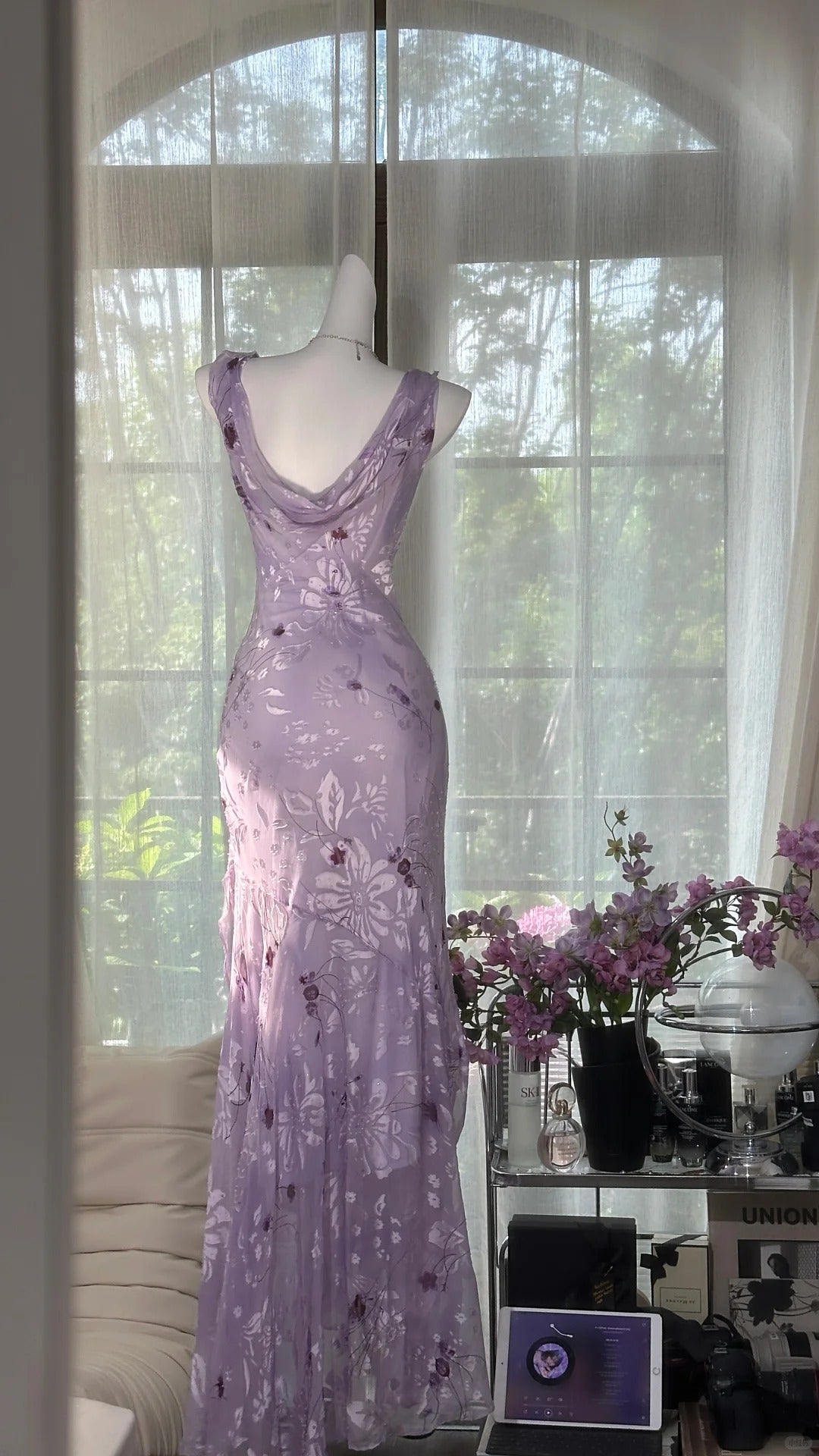 Elegant Purple Mermaid Printed Boat Neck Chiffon Long Prom Dress Evening Dress P4040