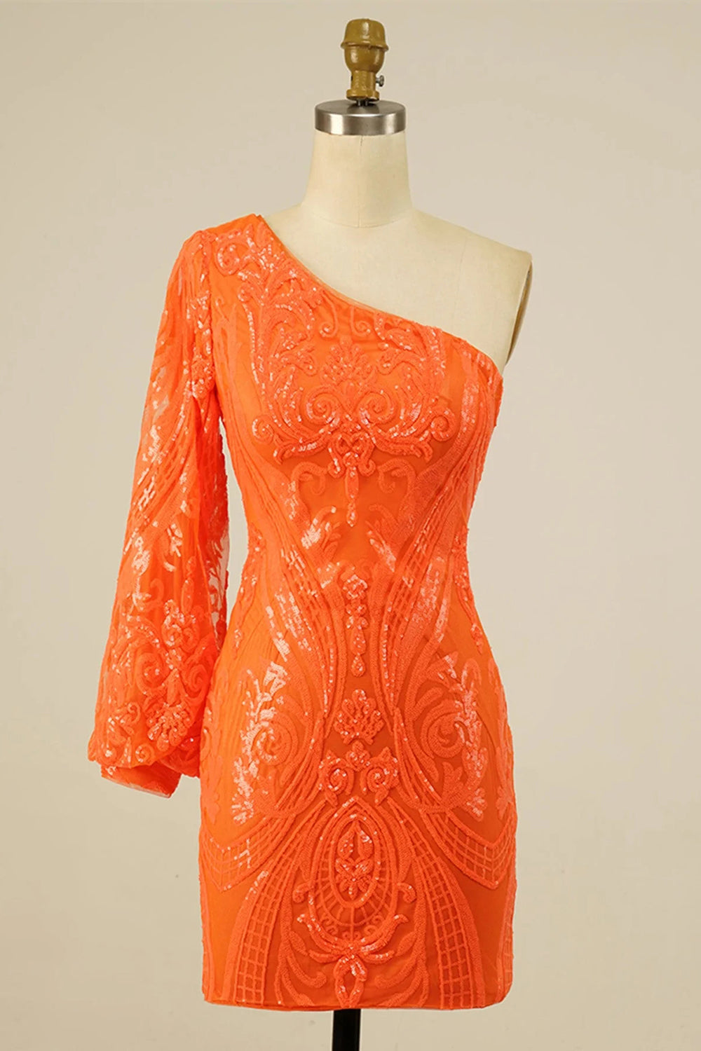 Bodycon One Shoulder Orange Sequins Short Homecoming Dress - Fashionpara