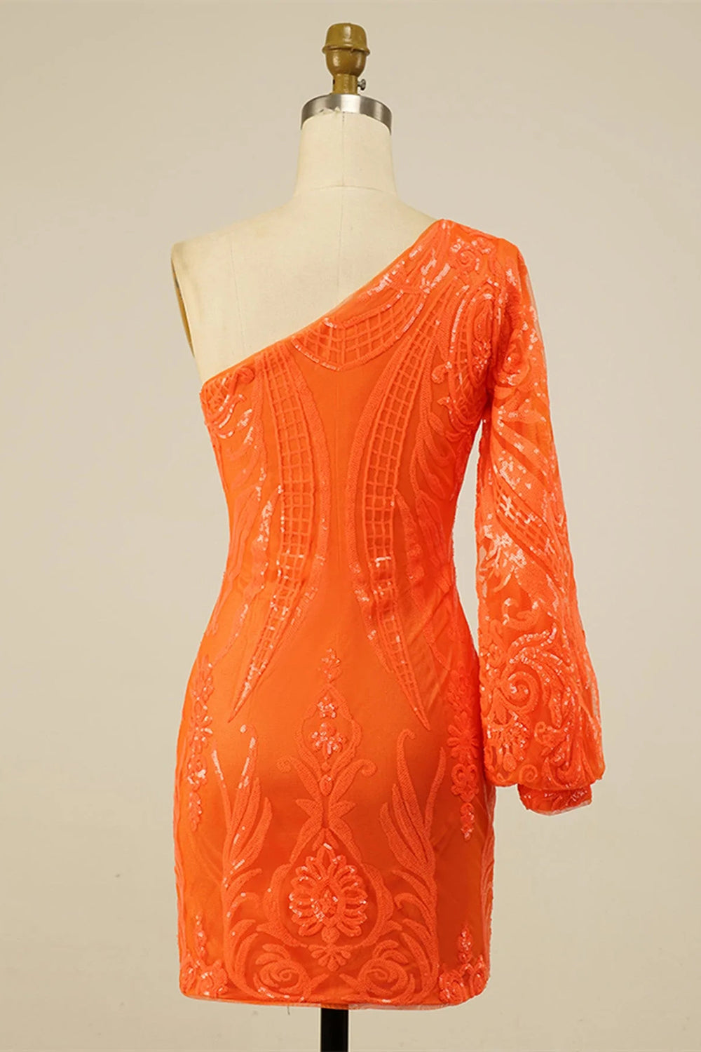 Bodycon One Shoulder Orange Sequins Short Homecoming Dress - Fashionpara