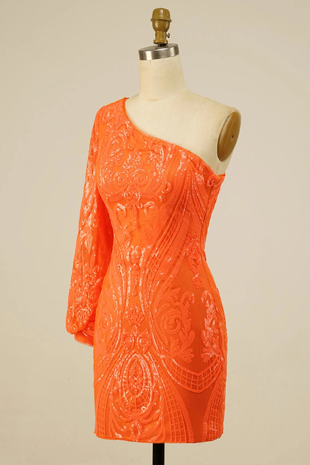Bodycon One Shoulder Orange Sequins Short Homecoming Dress - Fashionpara