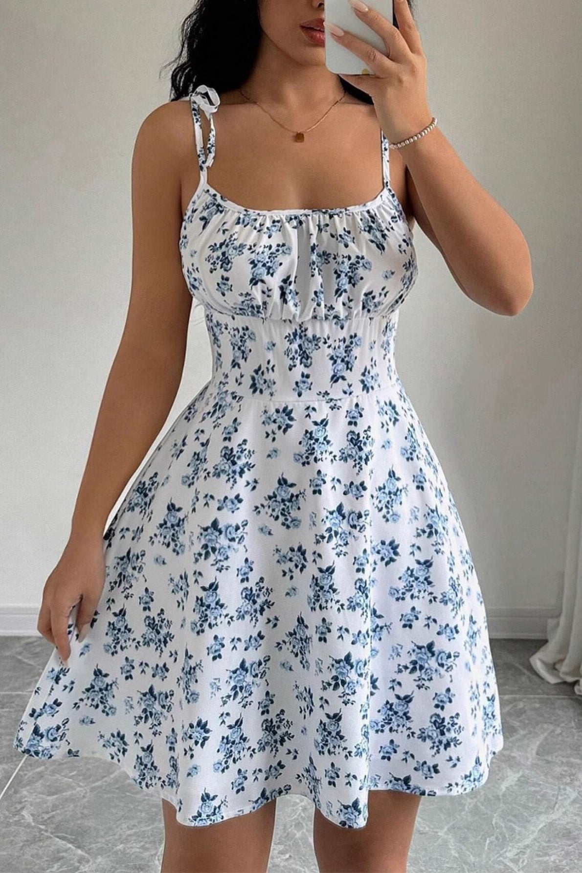 Floral Tie Strap Ruched Fit and Flare Mini Dress - View 3