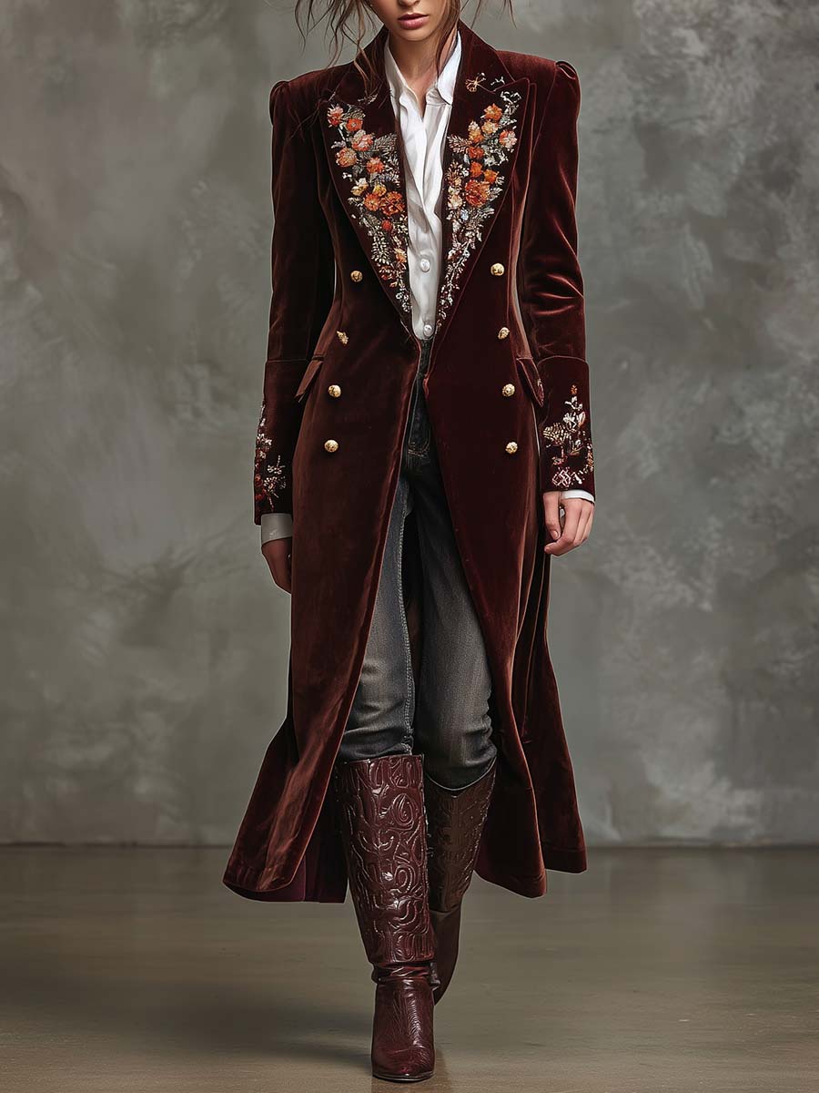 Wine Velvet Embroidered Long Coat With Gold Buttons - Fashionpara