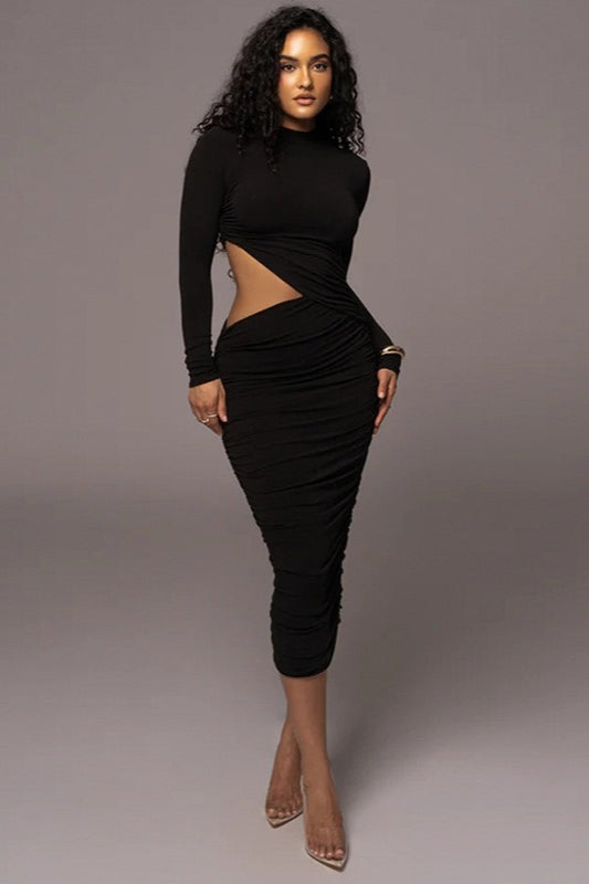 High Neck Long Sleeve Cutout Ruched Bodycon Midi Dress