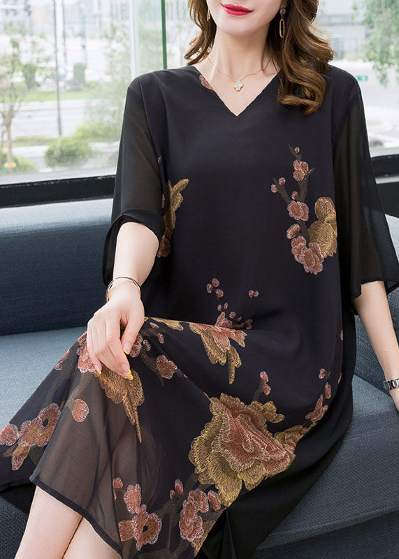 Floral Embroidery V-Neck Sheer Chiffon Sleeve Overlay Midi Dress