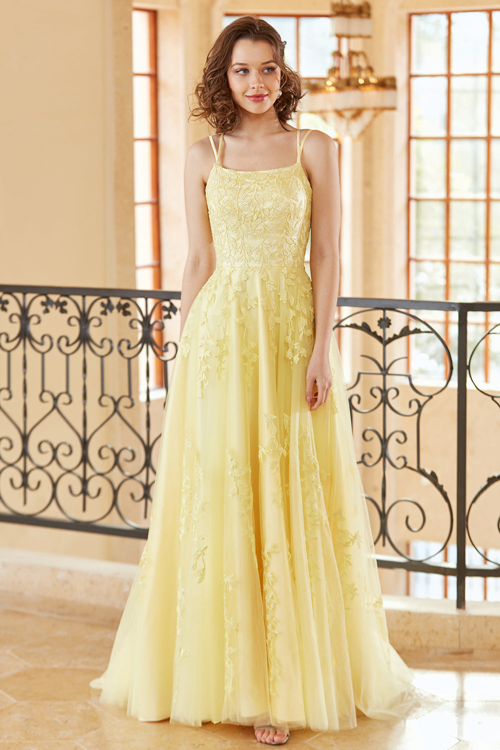Gorgeous A Line Spaghetti Straps Yellow Long Prom Dress with Appliques - Fashionpara