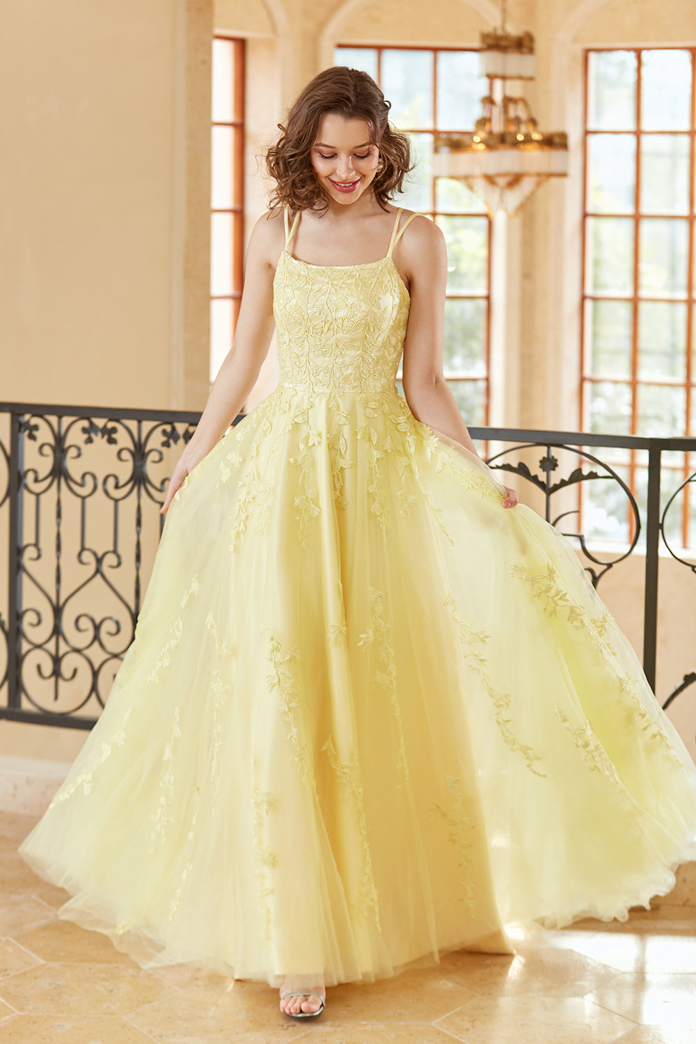 Gorgeous A Line Spaghetti Straps Yellow Long Prom Dress with Appliques - Fashionpara