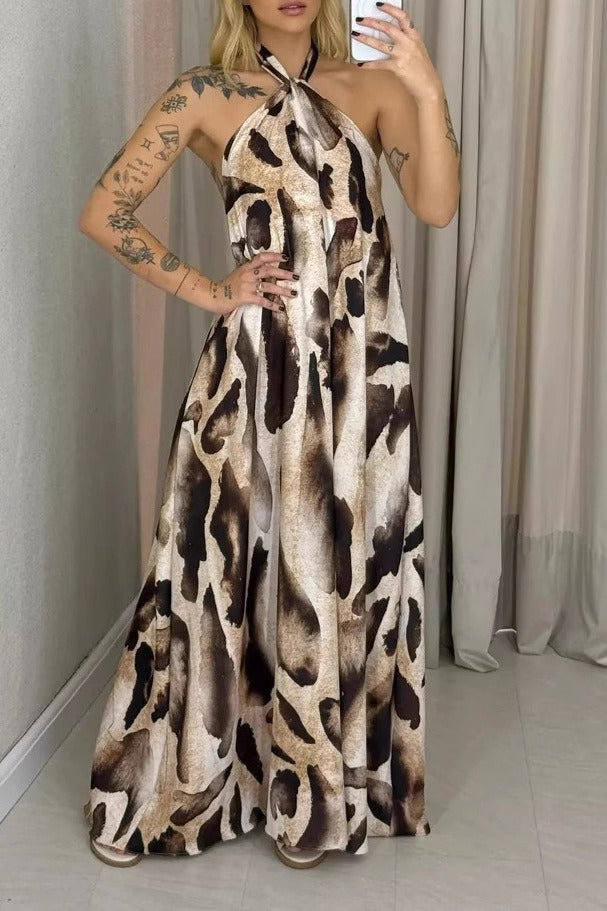 Leopard Print Halter Neck Backless Maxi Dress