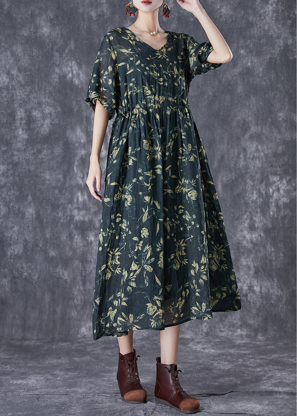 Botanical Print V-Neck Elbow Sleeve Gathered Waist Loose Midi Dress - View 3