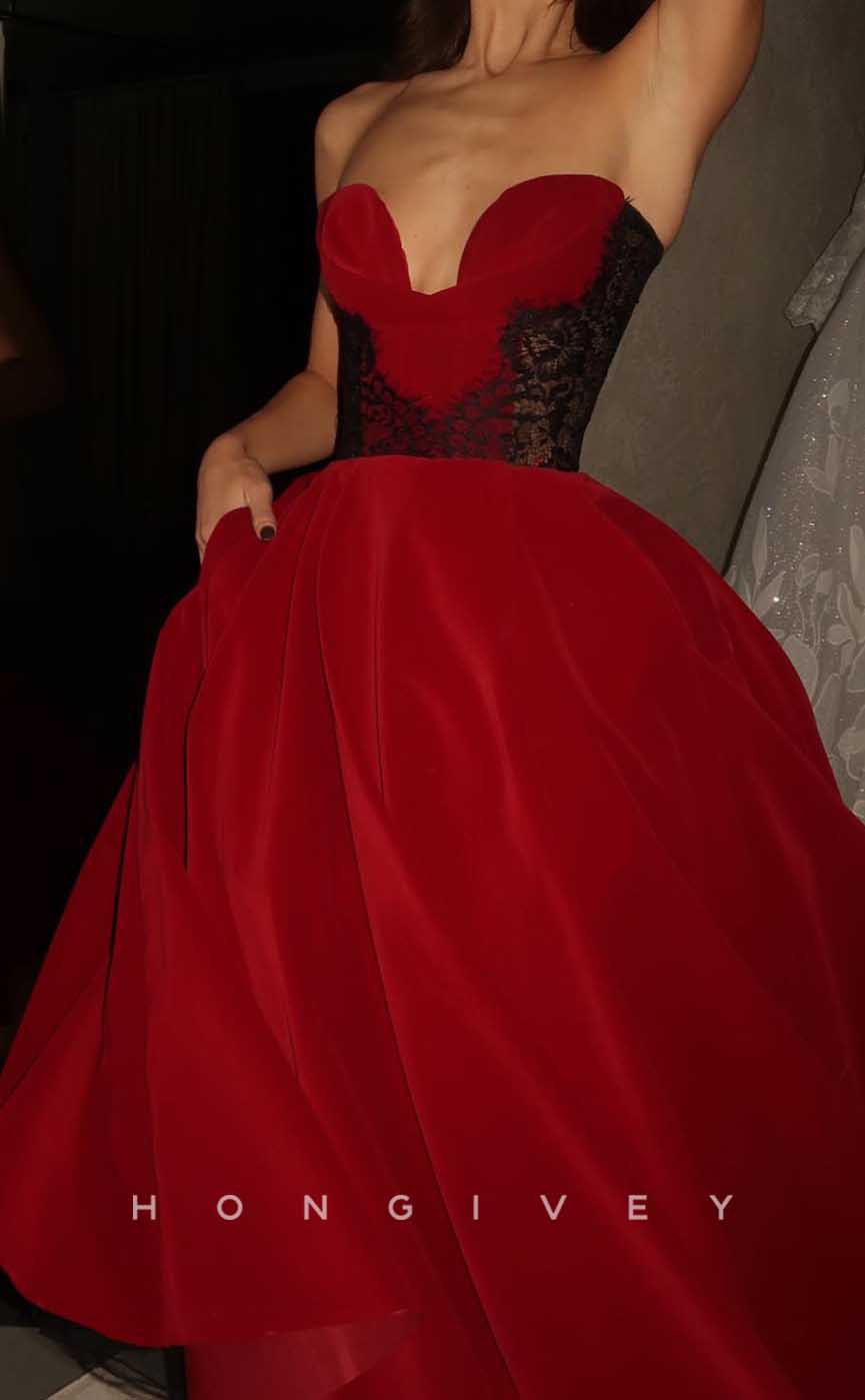 L2847 - Sexy A-Line Strapless Sleeveless Lace Applique With Pockets Party Prom Evening Dress - Fashionpara