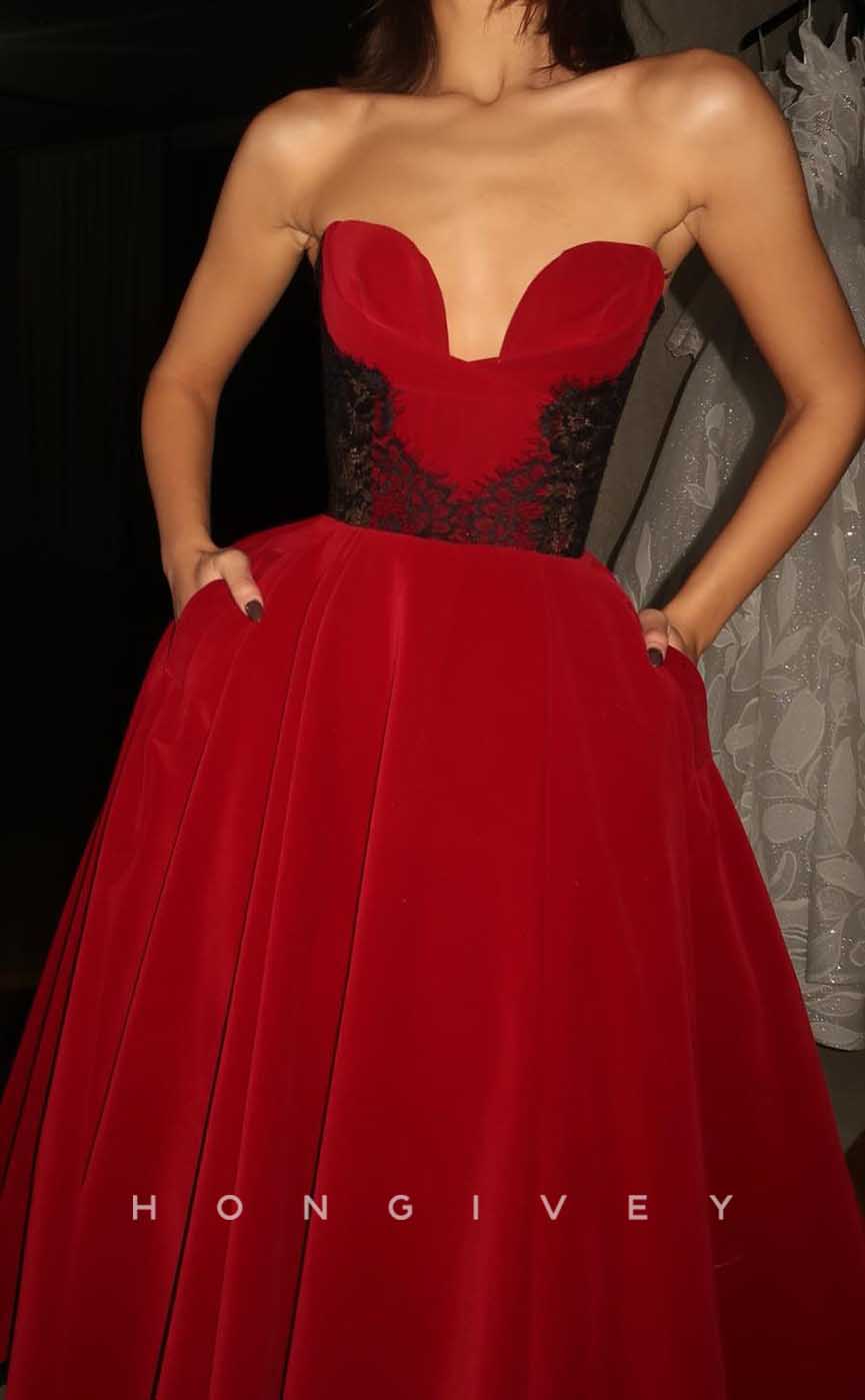 L2847 - Sexy A-Line Strapless Sleeveless Lace Applique With Pockets Party Prom Evening Dress - Fashionpara
