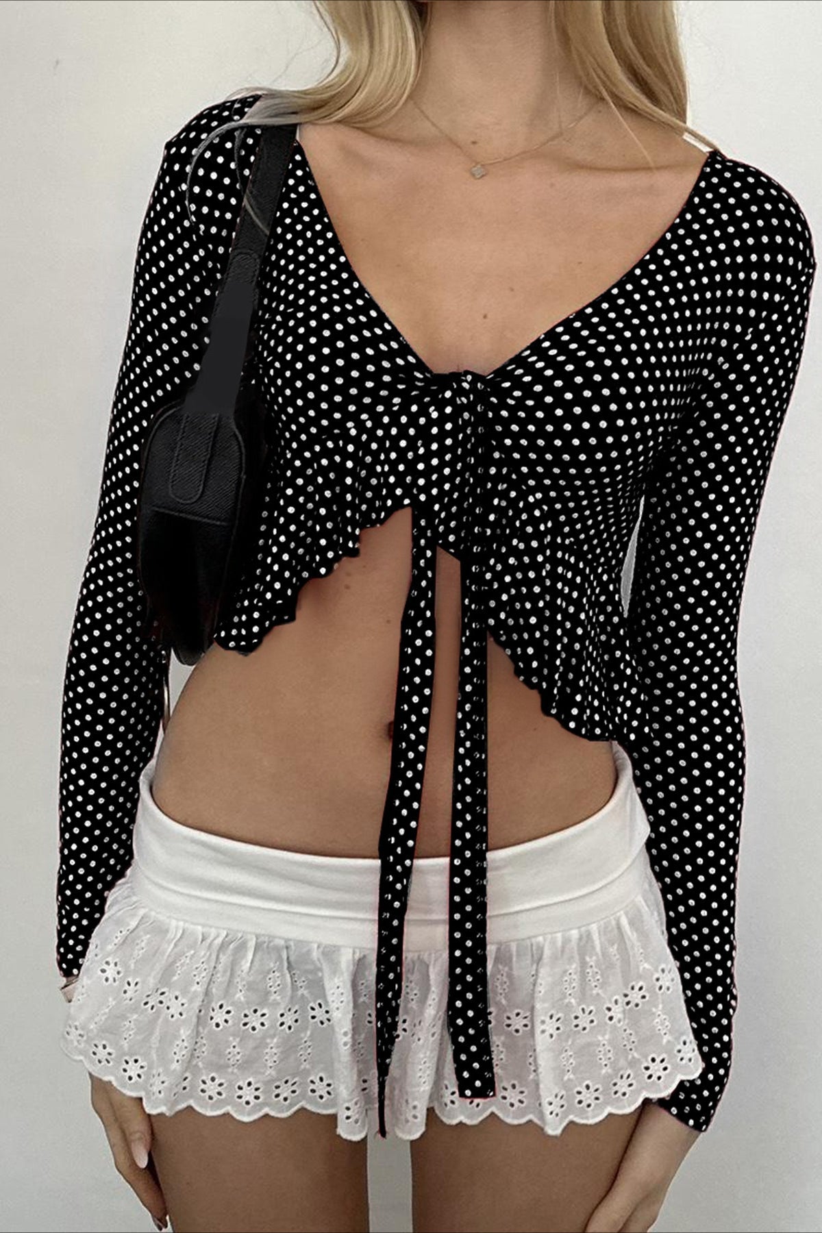 Polka Dot Tie Front Ruffled Crop Top - Fashionpara