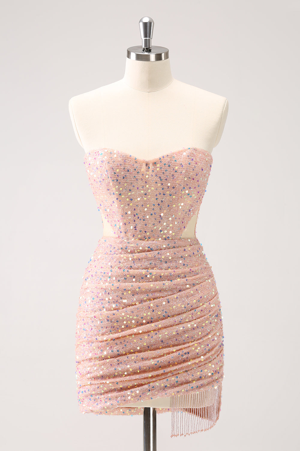 Blush Bodycon Strapless Hollow Out Sequins Ruched Homecoming Dress with Tassel - Fashionpara