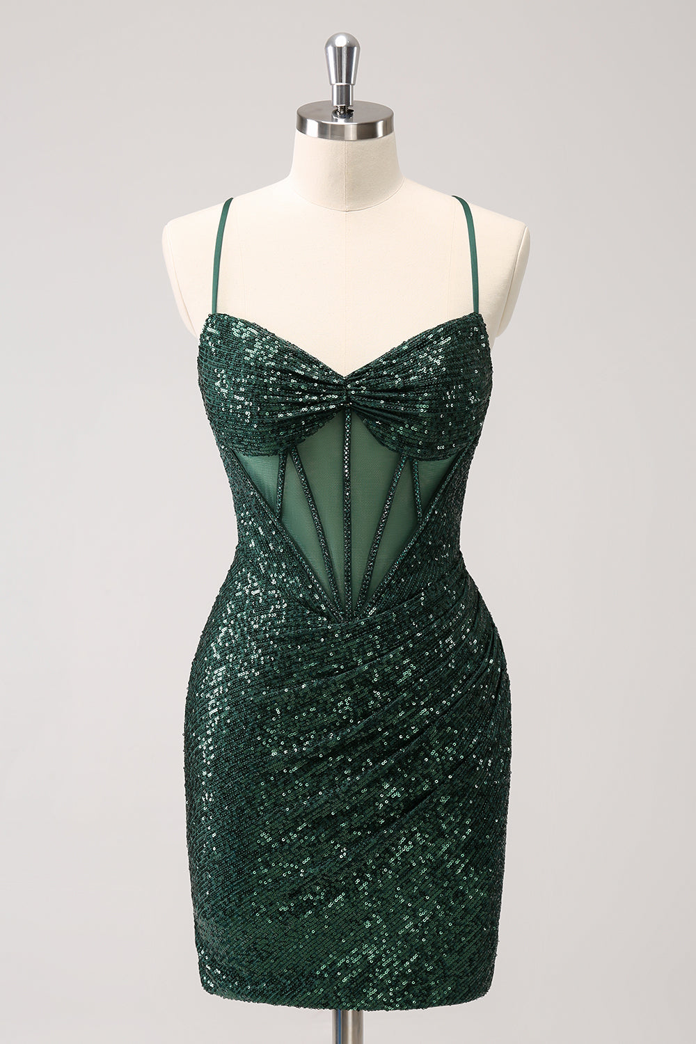 Dark Green Bodycon Spaghetti Straps Corset Short Homecoming Dress with Sequins - Fashionpara